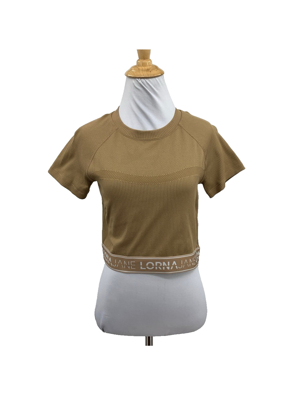 Lorna Jane Shirt Womens M Medium Nude Logo Trim Ribbed Short Sleeve Cropped Tee
